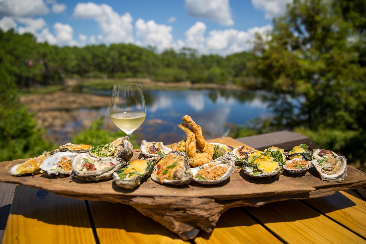 Oyster Log and Glass of White Wine at Stinky's Fish Camp